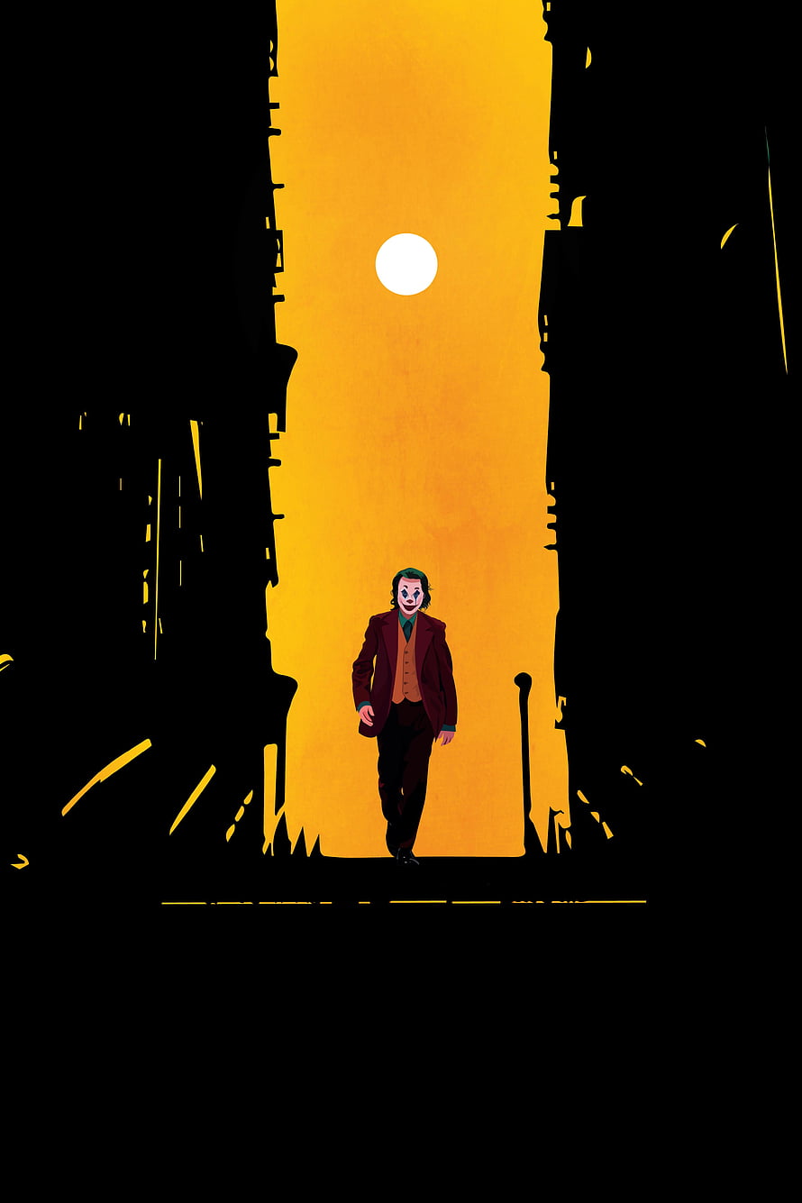 Joker Walking Through Golden Alleyway in Minimalist Fan Art Style HD phone wallpaper