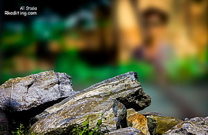 Weathered Rock Formation with Lush Green Foliage in Soft Focus Background HD wallpaper