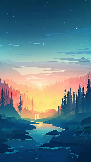 Stylized Digital Illustration of a Serene Mountain River at Sunset with Pine Forests HD phone wallpaper