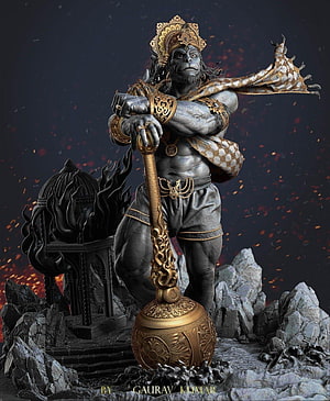 Lord Hanuman Statue with Golden Mace and Ornate Crown on Rocky Base, Lord Hanuman Background, Hanuman Meditation HD phone wallpaper