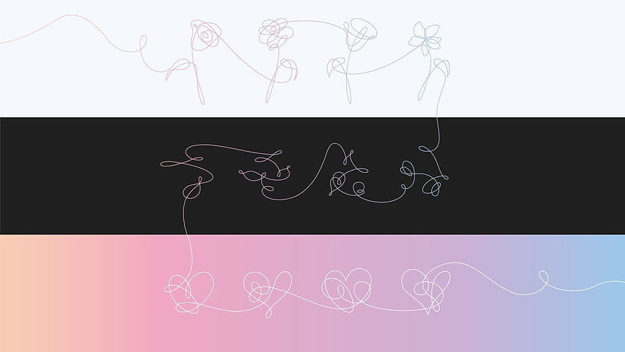 BTS Love Yourself Tear Album Line Art with Floral and Heart Motifs HD wallpaper