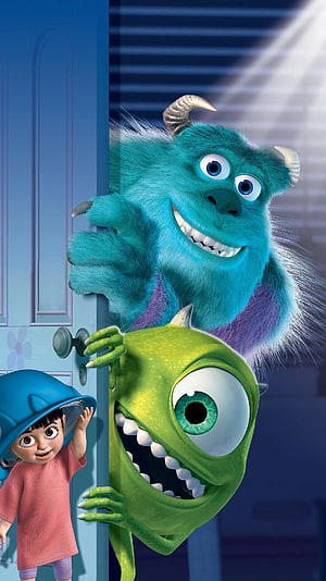 Monsters Inc. Sulley Mike Wazowski and Boo Peeking Through Doorway HD phone wallpaper