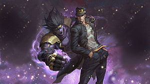 Jotaro Kujo and Star Platinum in JoJo's Bizarre Adventure Anime Illustration HD wallpaper