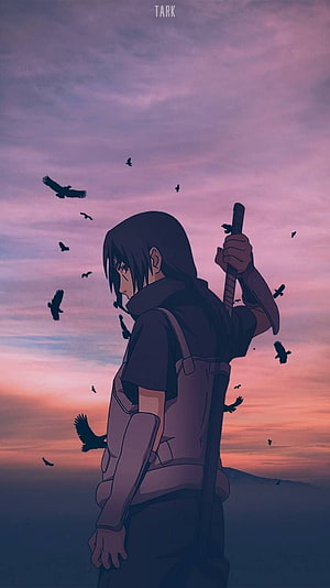 Itachi Uchiha from Naruto Shippuden Standing Silhouette at Sunset with Crows HD phone wallpaper