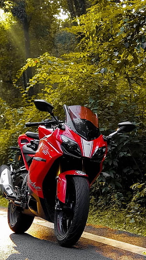 Red Yamaha R15 Sport Motorcycle Parked on a Forest Road HD phone wallpaper