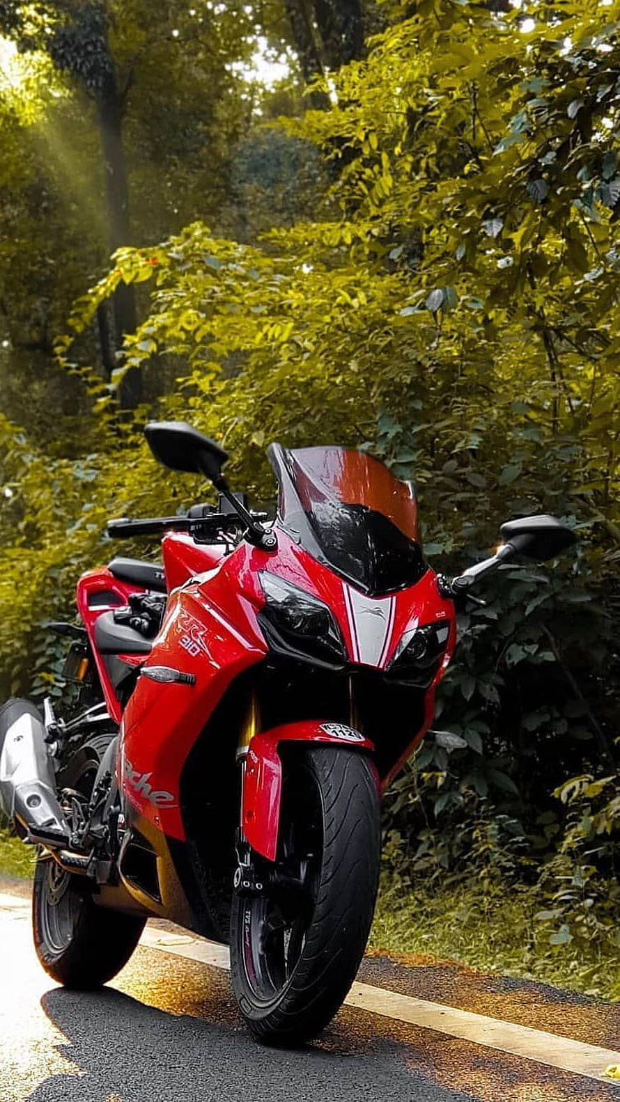 Red Yamaha R15 Sport Motorcycle Parked on a Forest Road HD phone wallpaper
