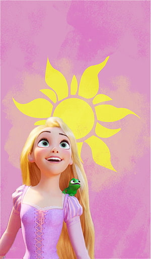 Rapunzel and Pascal from Disney's Tangled with a Sunflower Motif on a Pink Background HD phone wallpaper