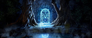 Glowing Fantasy Portal in Dark Forest with Misty Water and Ancient Trees HD wallpaper