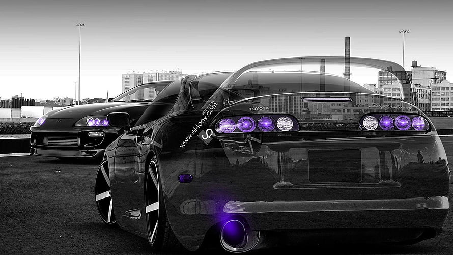 Rear View of a Black Toyota Supra MK4 with Purple LED Lights and Custom Exhaust HD wallpaper