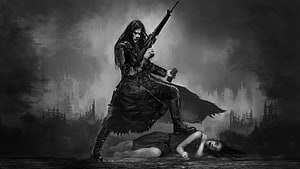 Dark Fantasy Illustration of a Warrior with Rifle Standing Over a Fallen Figure in a Desolate Landscape HD wallpaper