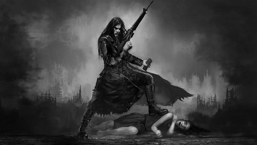 Dark Fantasy Illustration of a Warrior with Rifle Standing Over a Fallen Figure in a Desolate Landscape HD wallpaper