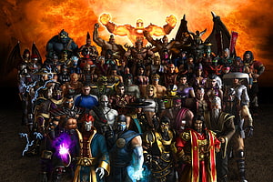 Mortal Kombat Armageddon Full Roster Group Portrait with Shao Kahn and Fire Background HD wallpaper