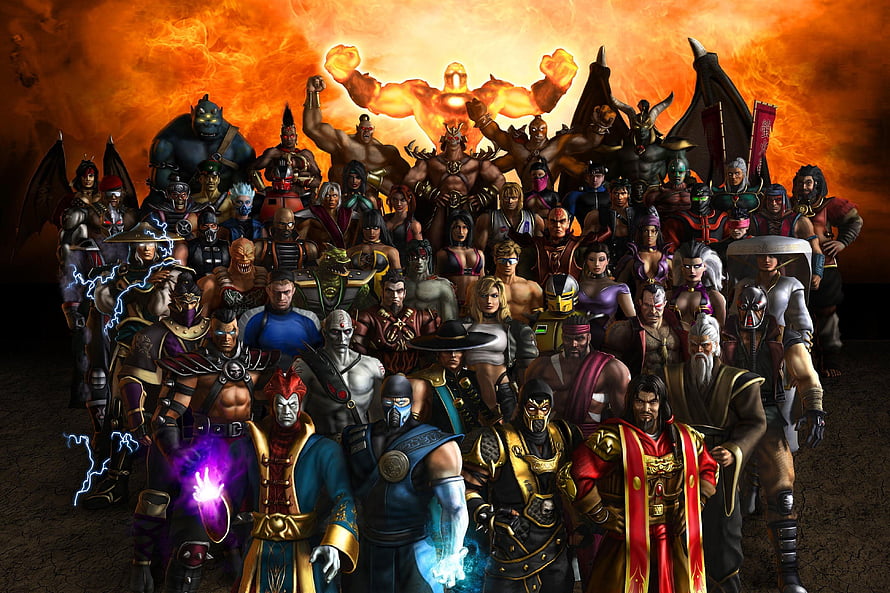 Mortal Kombat Armageddon Full Roster Group Portrait with Shao Kahn and Fire Background HD wallpaper