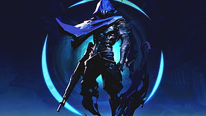 Omen from Valorant in Dark Blue Hooded Armor with Glowing Crescent Arcs HD wallpaper