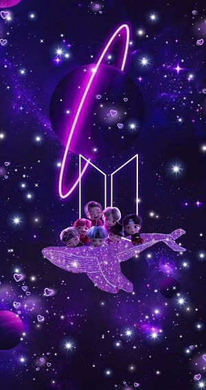 BTS Tinytan Chibi Characters Riding a Sparkling Whale in a Purple Cosmic Galaxy HD phone wallpaper