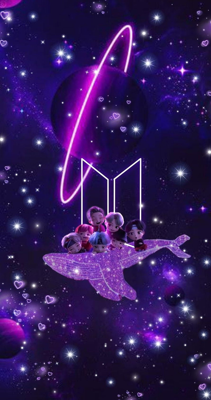 BTS Tinytan Chibi Characters Riding a Sparkling Whale in a Purple Cosmic Galaxy HD phone wallpaper