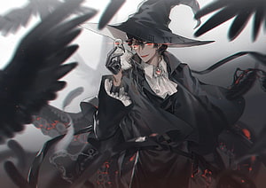 Lord of the Mysteries character in dark wizard attire holding a small bird with glowing red eyes HD wallpaper