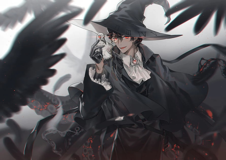 Lord of the Mysteries character in dark wizard attire holding a small bird with glowing red eyes HD wallpaper