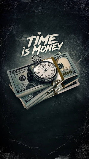 Time Is Money: Vintage Stopwatch Resting on Stacks of US Dollar Bills Against Dark Marble HD phone wallpaper