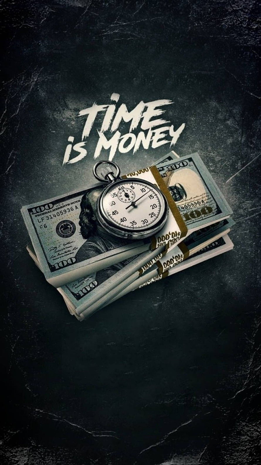 Time Is Money: Vintage Stopwatch Resting on Stacks of US Dollar Bills Against Dark Marble HD phone wallpaper