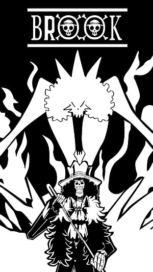 Brook One Piece Skeleton Musician with Soul King Aura and Dramatic Black and White Illustration HD phone wallpaper