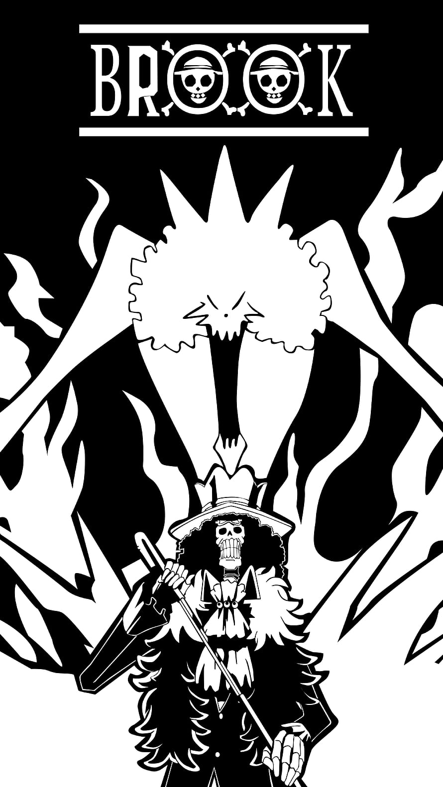 Brook One Piece Skeleton Musician with Soul King Aura and Dramatic Black and White Illustration HD phone wallpaper