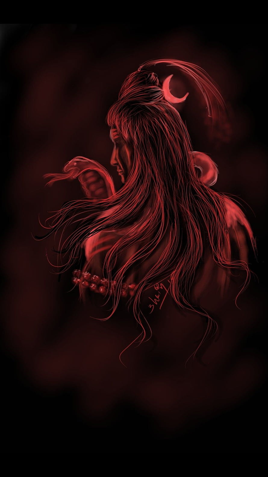 Angry Lord Shiva Digital Art with Crescent Moon and Snake in Crimson Red Tones HD phone wallpaper
