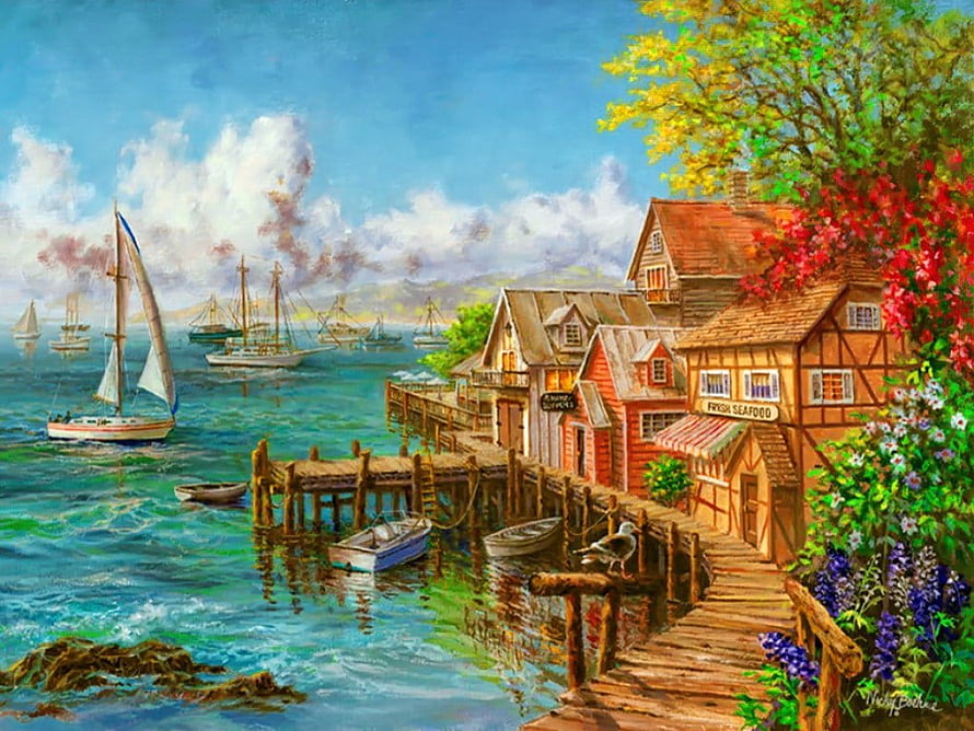Coastal Fishing Village with Sailboats and Wooden Pier in Vibrant Oil Painting HD wallpaper