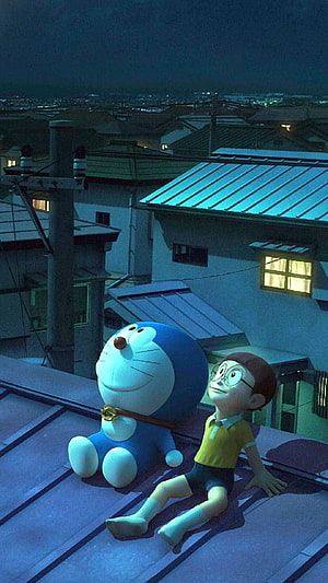 Stand By Me Doraemon: Doraemon and Nobita Gazing at the Night Sky on a Rooftop HD phone wallpaper