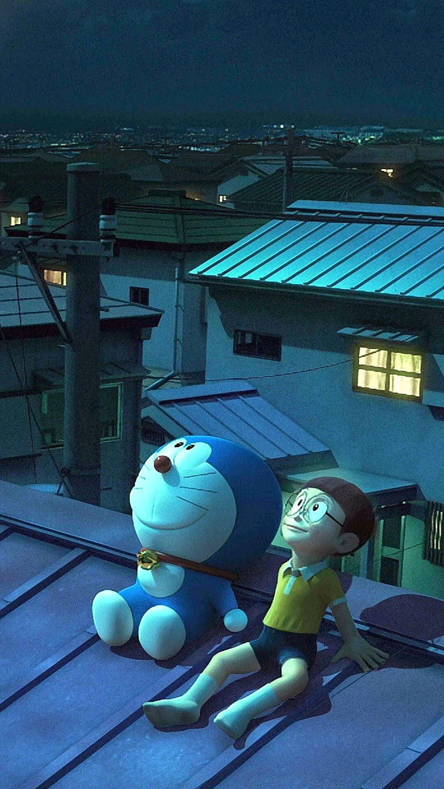 Stand By Me Doraemon: Doraemon and Nobita Gazing at the Night Sky on a Rooftop HD phone wallpaper