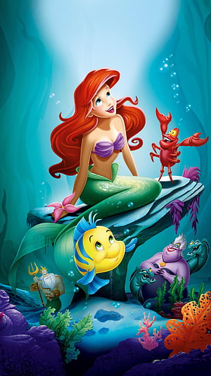 Ariel, Flounder, and Sebastian in a Vibrant Underwater Scene from The Little Mermaid HD phone wallpaper