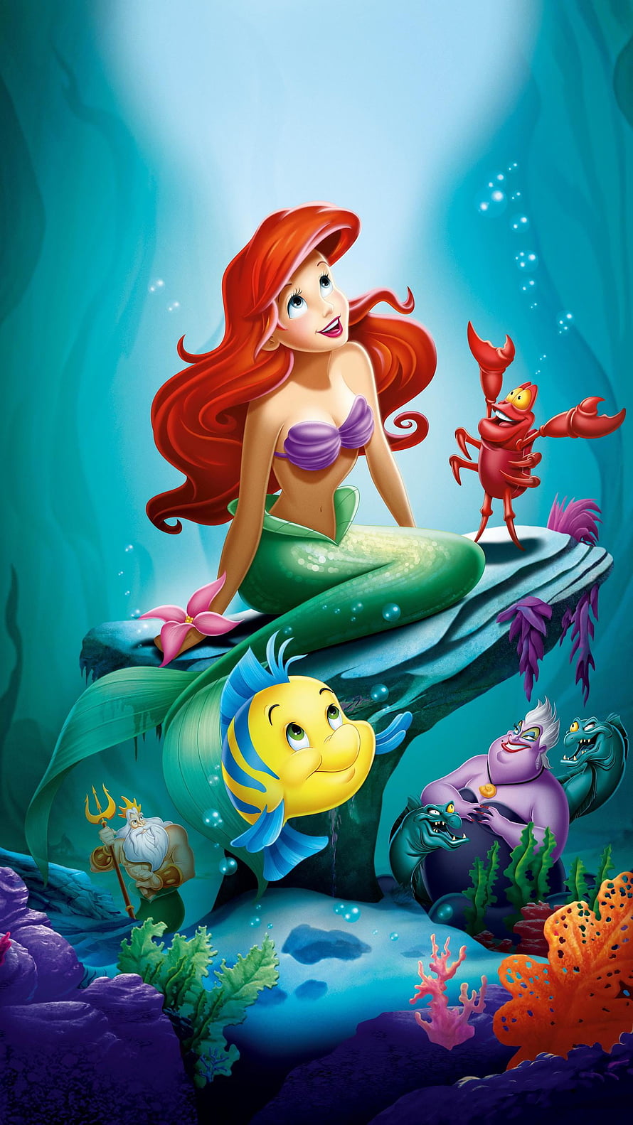 Ariel, Flounder, and Sebastian in a Vibrant Underwater Scene from The Little Mermaid HD phone wallpaper