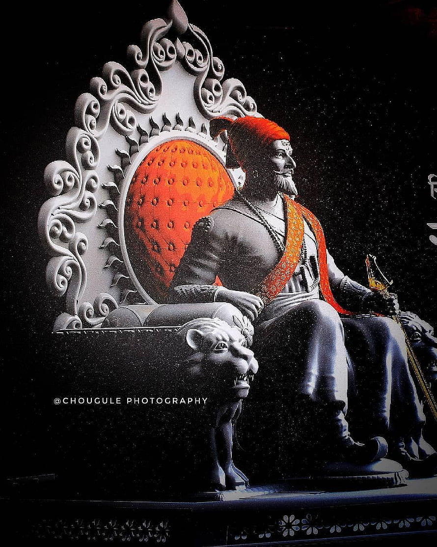 Shivaji Maharaj Seated on Ornate Throne with Lion Pedestal and Red Turban HD phone wallpaper
