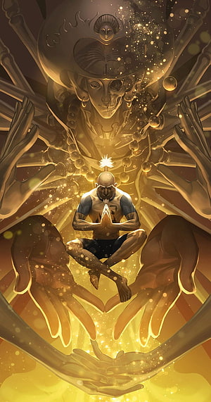 Isaac Netero Meditating in Hunter x Hunter with Golden Aura and Skeletal Guardian HD phone wallpaper