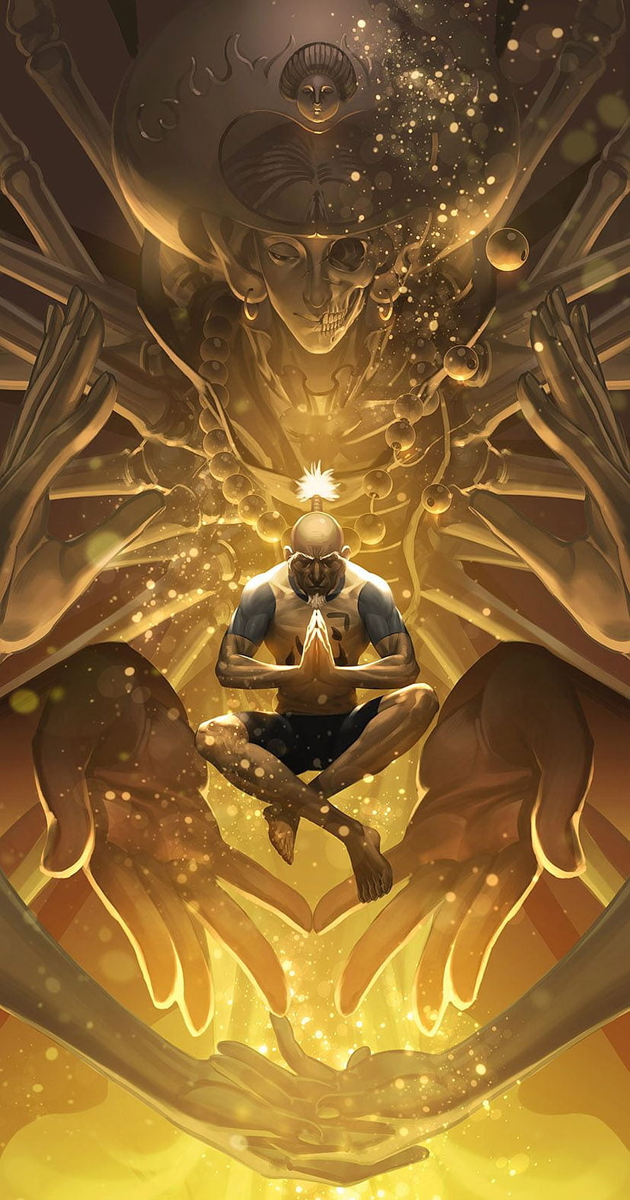 Isaac Netero Meditating in Hunter x Hunter with Golden Aura and Skeletal Guardian HD phone wallpaper