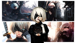 2B from NieR: Automata in a dark cyberpunk cityscape with multiple character poses HD wallpaper