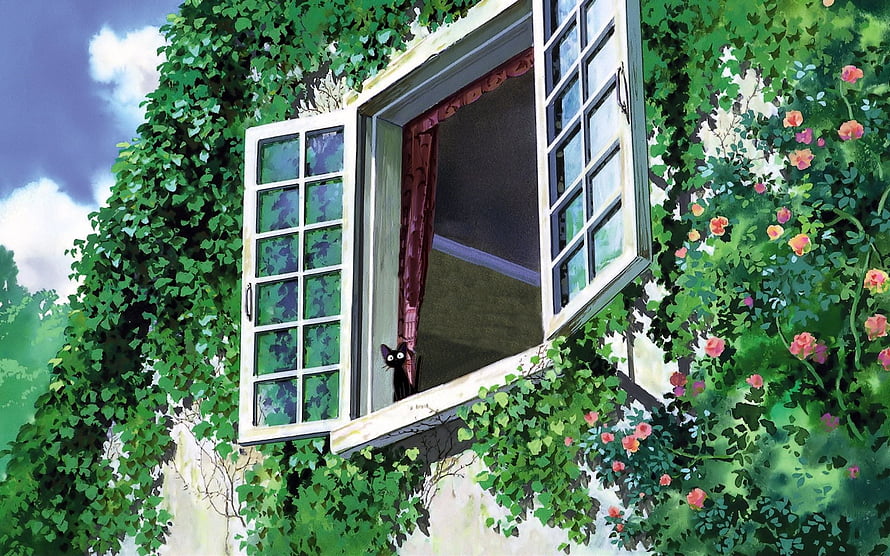 Kiki's Delivery Service: Black Cat Jiji Peeking from an Ivy-Covered Window HD wallpaper