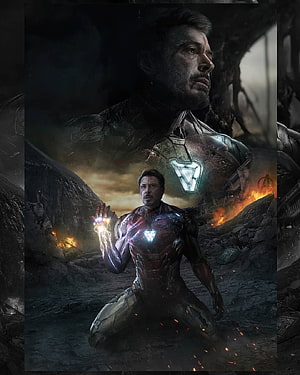 Iron Man Kneeling in Battle Wreckage with Glowing Infinity Gauntlet HD phone wallpaper