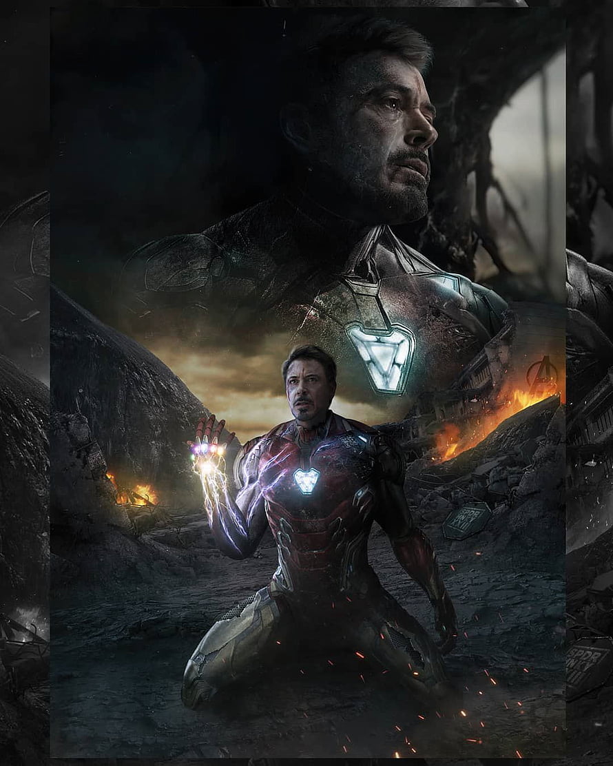 Iron Man Kneeling in Battle Wreckage with Glowing Infinity Gauntlet HD phone wallpaper