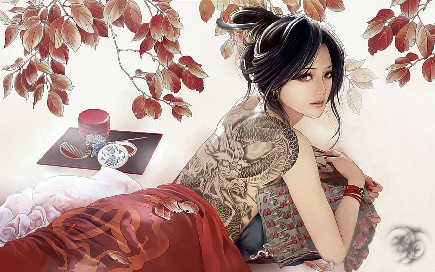 Elegant Woman with Dragon Tattoo in Traditional Japanese Attire HD wallpaper