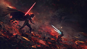 Ahsoka Tano and Darth Vader Lightsaber Duel on a Volcanic Battlefield HD wallpaper
