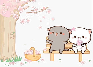 Peach and Goma Kawaii Cats Sitting on a Bench Under a Cherry Blossom Tree HD wallpaper