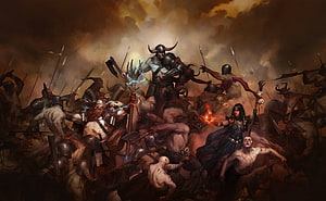 Diablo 4 Epic Battle Scene Featuring Horned Warrior and Sorceress in Dark Fantasy Combat HD wallpaper