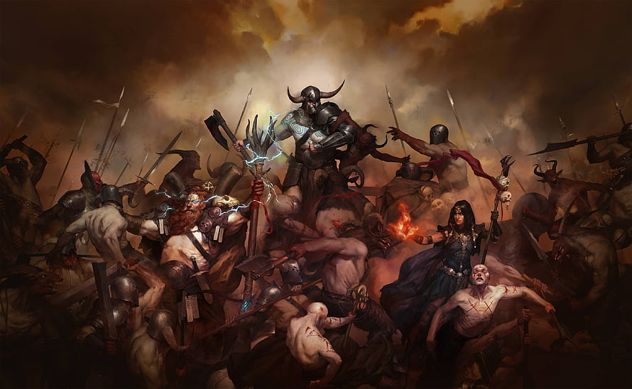 Diablo 4 Epic Battle Scene Featuring Horned Warrior and Sorceress in Dark Fantasy Combat HD wallpaper