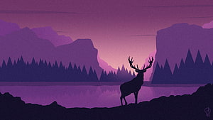 Silhouette of a stag with antlers standing on a rocky shore before a purple mountain lake at dusk HD wallpaper