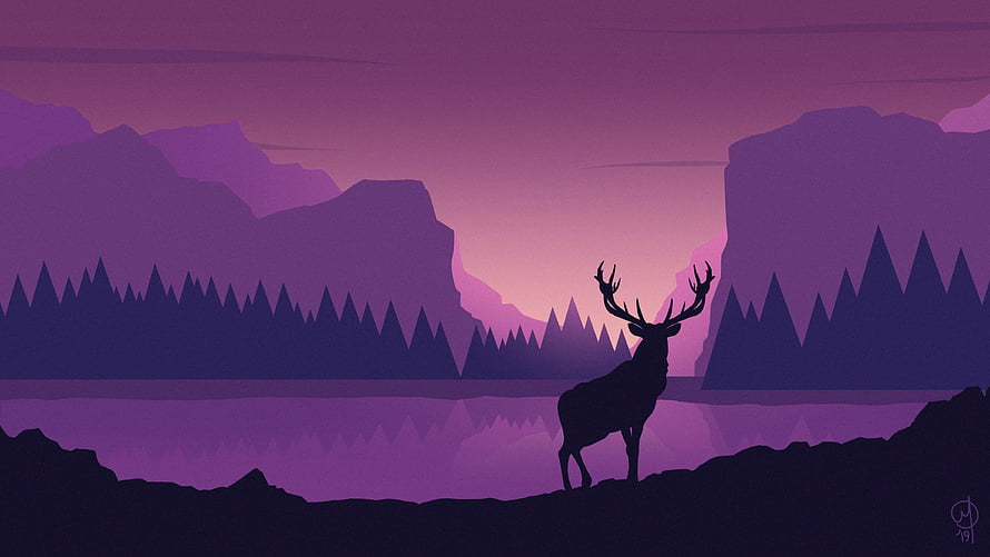 Silhouette of a stag with antlers standing on a rocky shore before a purple mountain lake at dusk HD wallpaper