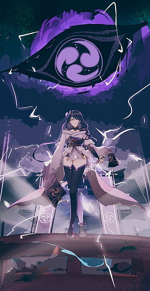 Raiden Shogun Genshin Impact Anime Character Artwork with Purple Eye Symbol HD phone wallpaper