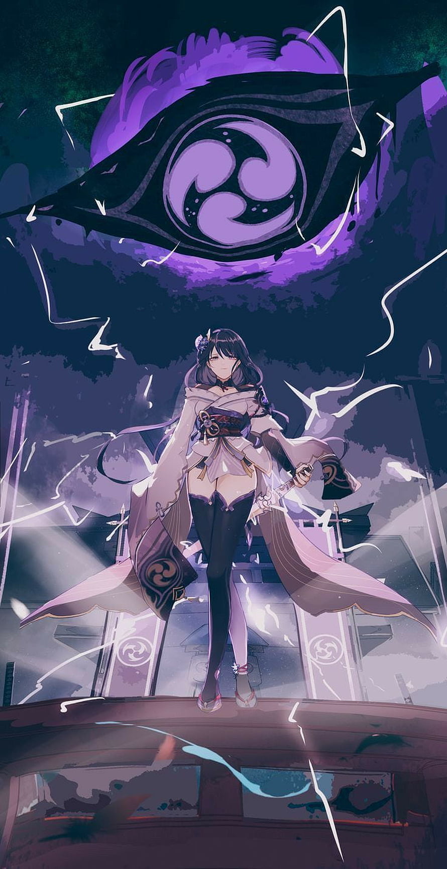 Raiden Shogun Genshin Impact Anime Character Artwork with Purple Eye Symbol HD phone wallpaper