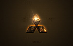 Mitsubishi three-diamond emblem with glowing golden edges on a dark textured metal surface HD wallpaper