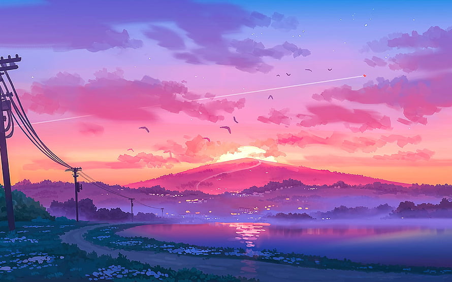 Vibrant Digital Landscape with Mountain, Lake, and Sunset Sky HD wallpaper